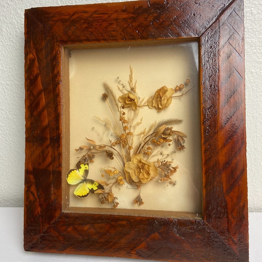 Vintage Wall Decor Botanical Art Yellow Butterfly Wooden Frame